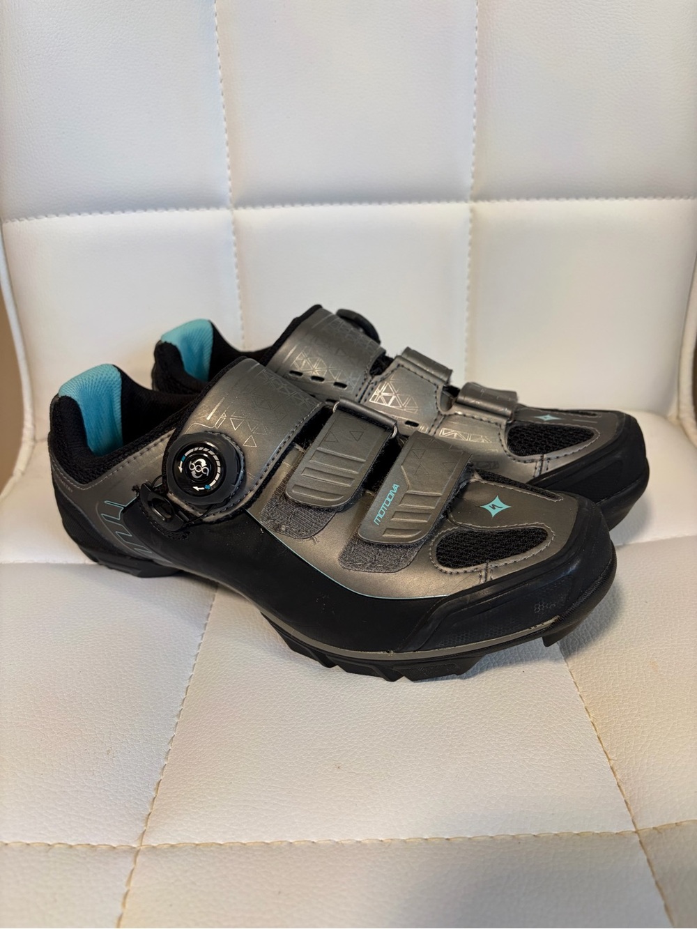 Black and Grey Women’s Cycling Shoes with Teal Accents
